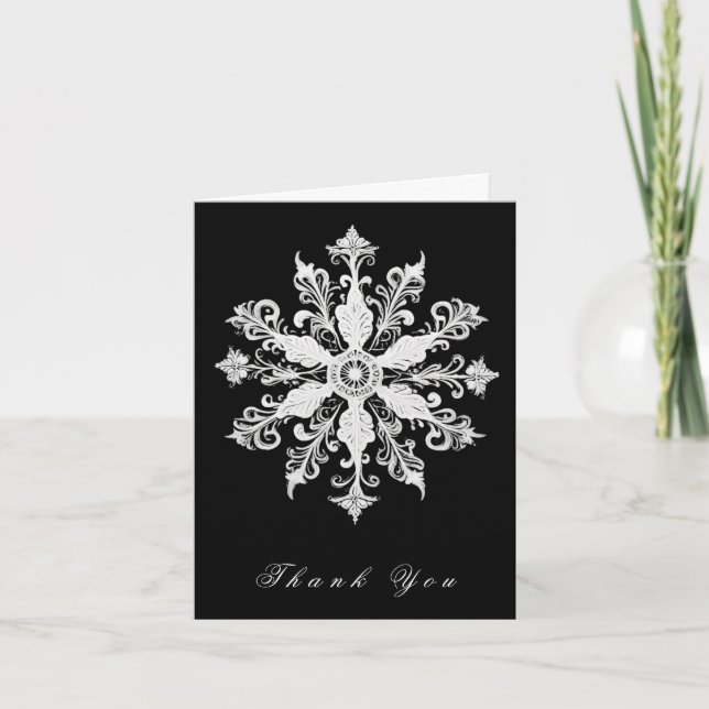 Minimalistische Snowflake-Hochzeit | Schwarz Dankeskarte (Vorderseite)