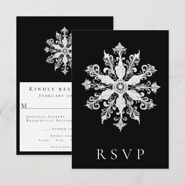 Minimalistische Snowflake-Hochzeit | Schwarz RSVP Karte (Vorne/Hinten)