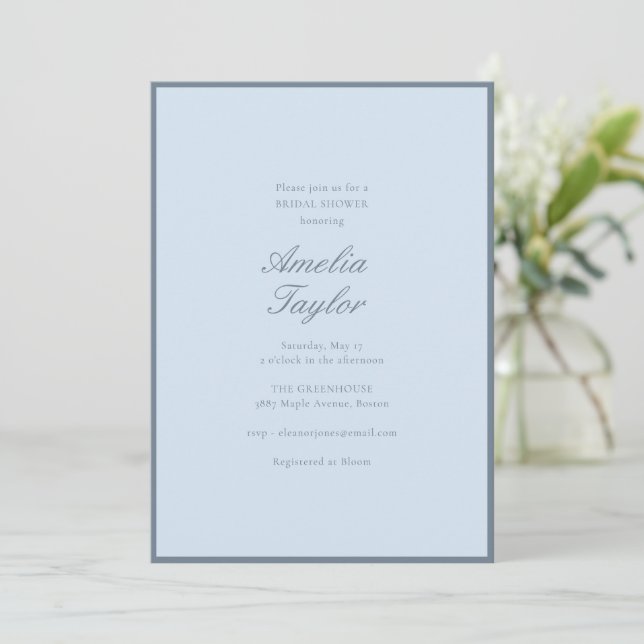 Minimalistische Soft-Blue-Script-Klassiker-Brautpa Einladung (Stehend Vorderseite)
