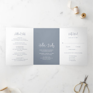 Minimalistische Staubblaue Moderne Hochzeit Dreifach Gefaltete Einladung