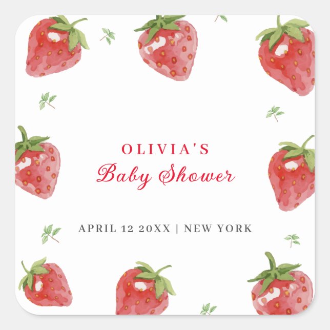Minimalistische Strawberry Sweet Girl Baby Dusche Quadratischer Aufkleber (Vorderseite)