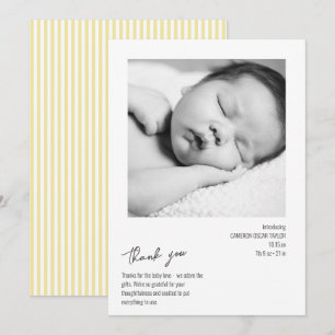 Minimalistische Streifen-Baby-Foto Gelb Geburt Ank Dankeskarte