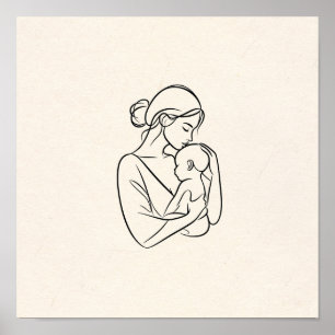 Minimalistische Strichzeichnung von Mutter und Bab Poster