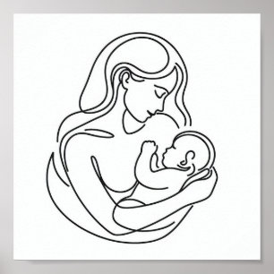 Minimalistische Strichzeichnung von Mutter und Bab Poster