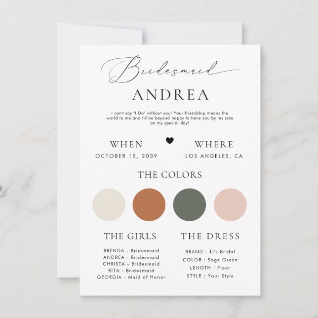 Minimalistische Stylish Script Bridesmaid Info Car Einladung (Vorderseite)