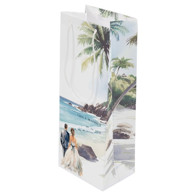 Minimalistische Summer Beach Hochzeit in Urlaubsor Geschenktüte Für Weinflaschen (Vorderseite Schrägansicht)