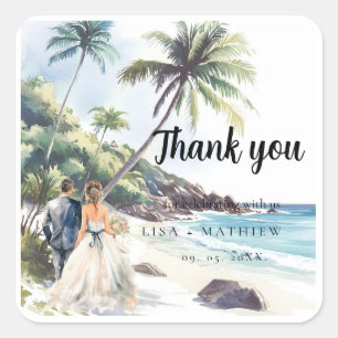 Minimalistische Summer Beach Hochzeit in Urlaubsor Quadratischer Aufkleber