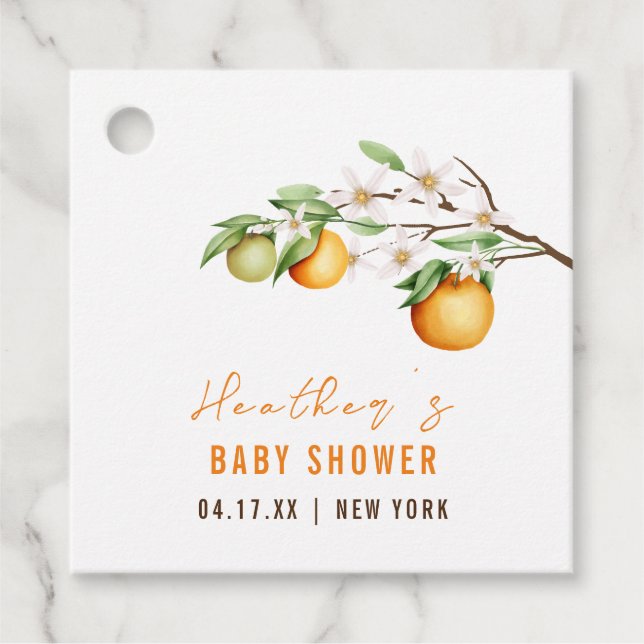 Minimalistische Summer Orange Citrus Baby Dusche Geschenkanhänger (Vorderseite)
