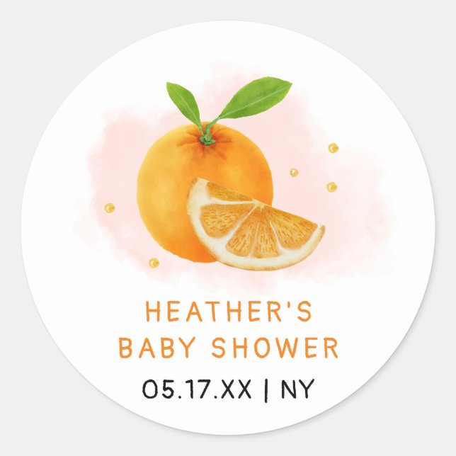 Minimalistische Sweet Orange Citrus Baby Dusche Runder Aufkleber (Vorderseite)