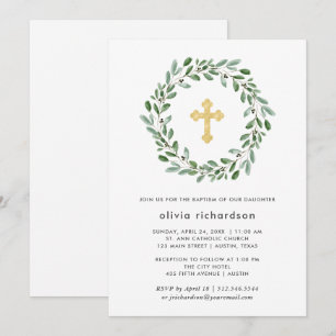 Minimalistische Taufe des Laub- mit Goldkreuz Einladung