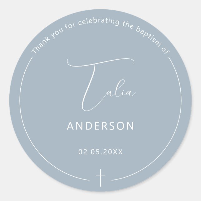 Minimalistische Taufe Einfach Cross Blue Runder Aufkleber (Vorderseite)
