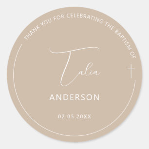Minimalistische Taufe einfach über Beige Runder Aufkleber