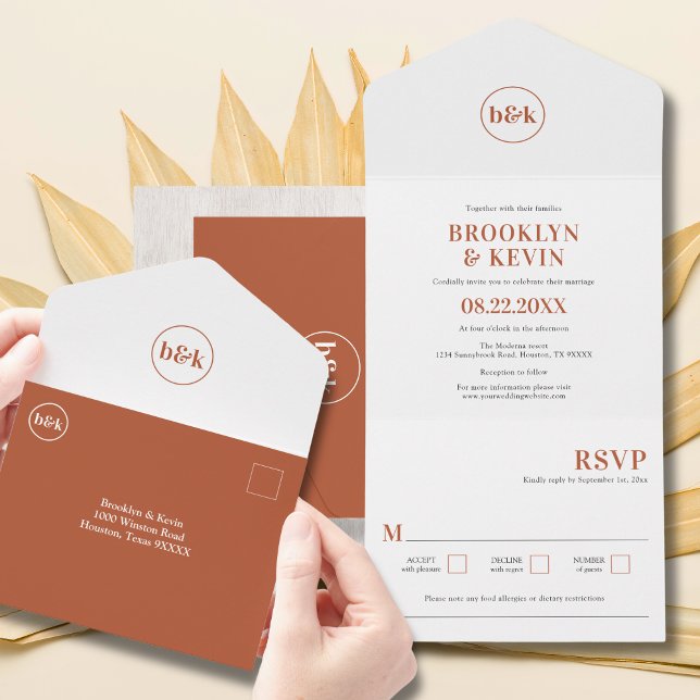 Minimalistische Terracotta auf einer Hochzeit All In One Einladung (Minimalist Terracotta All in One Wedding Invite | Budget, Inexpensive)