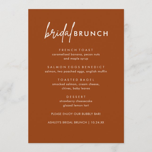 Minimalistische Terracotta Bridal Brunch Menü Card Menükarte (Vorderseite)