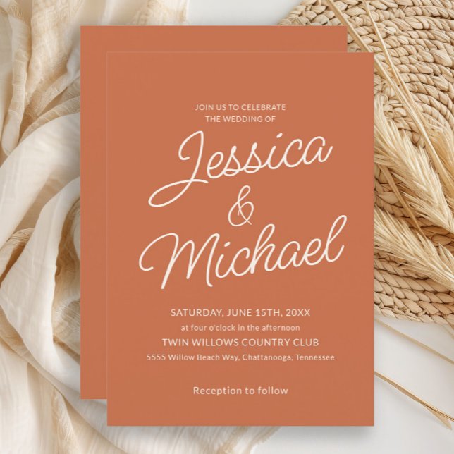 Minimalistische Terracotta Cream Script Wedding Einladung (Terracotta wedding invitation)