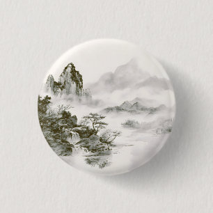 Minimalistische Tinte Neblige Zen-Berglandschaft Button