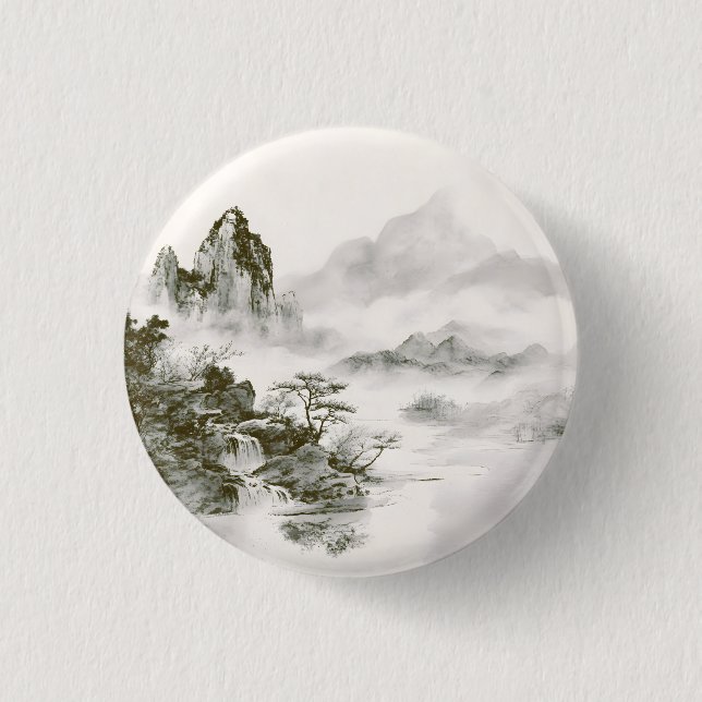 Minimalistische Tinte Neblige Zen-Berglandschaft Button (Vorderseite)