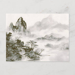 Minimalistische Tinten-Nebel-Zen-Berglandschaft Feiertagspostkarte