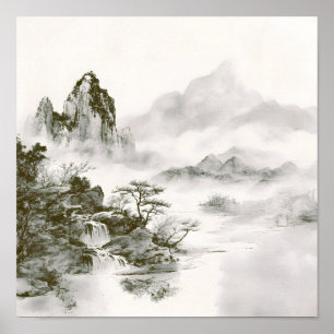 Minimalistische Tinten-Nebel-Zen-Berglandschaft Poster