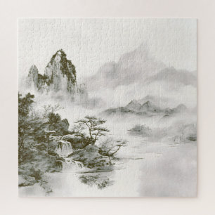 Minimalistische Tinten-Nebel-Zen-Berglandschaft Puzzle