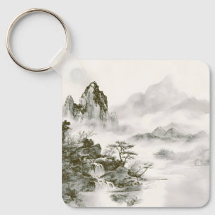 Minimalistische Tinten-Nebel-Zen-Berglandschaft Schlüsselanhänger