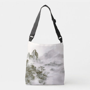 Minimalistische Tinten-Nebel-Zen-Berglandschaft Tragetaschen Mit Langen Trägern