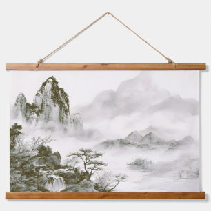 Minimalistische Tinten-Nebel-Zen-Berglandschaft Wandteppich Mit Holzrahmen