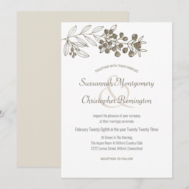 Minimalistische Top Border Berry Leaf Wedding Einladung (Vorne/Hinten)