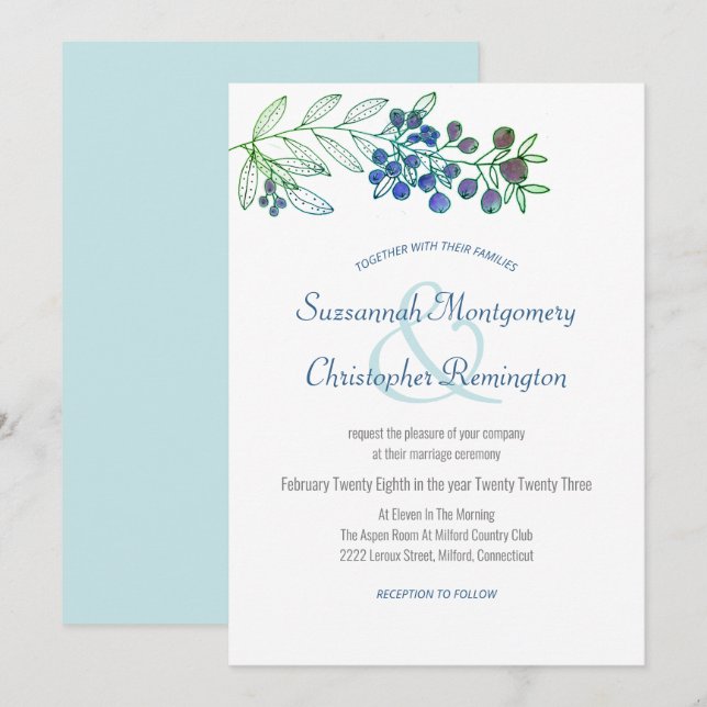 Minimalistische Top Border Berry Leaf Wedding Einladung (Vorne/Hinten)