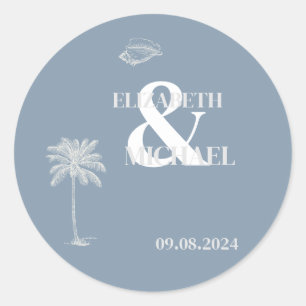 Minimalistische tropische Hochzeit Staubblau Runder Aufkleber
