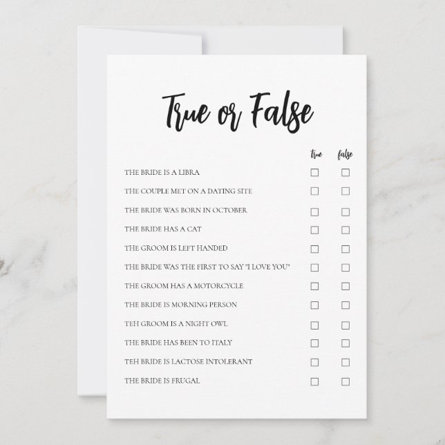 Minimalistische True oder False Bridal Game Card Einladung (Vorderseite)