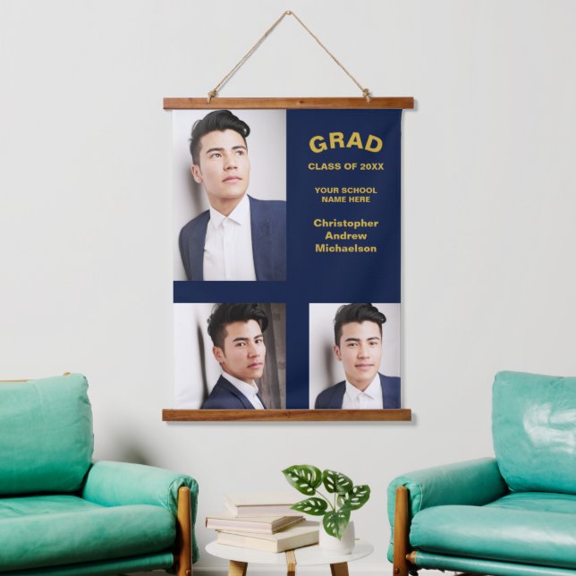 Minimalistische Typografie 3 Foto Abschluss Wandteppich Mit Holzrahmen (Wohnzimmer)