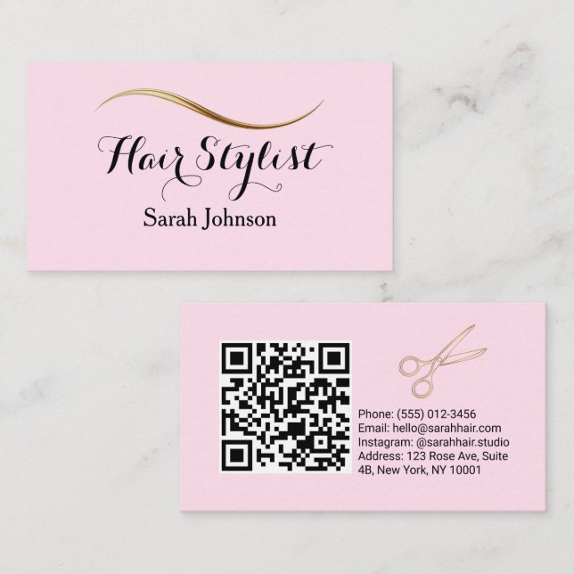 Minimalistische Typografie der Haarstylist Pink QR Visitenkarte (Vorne/Hinten)
