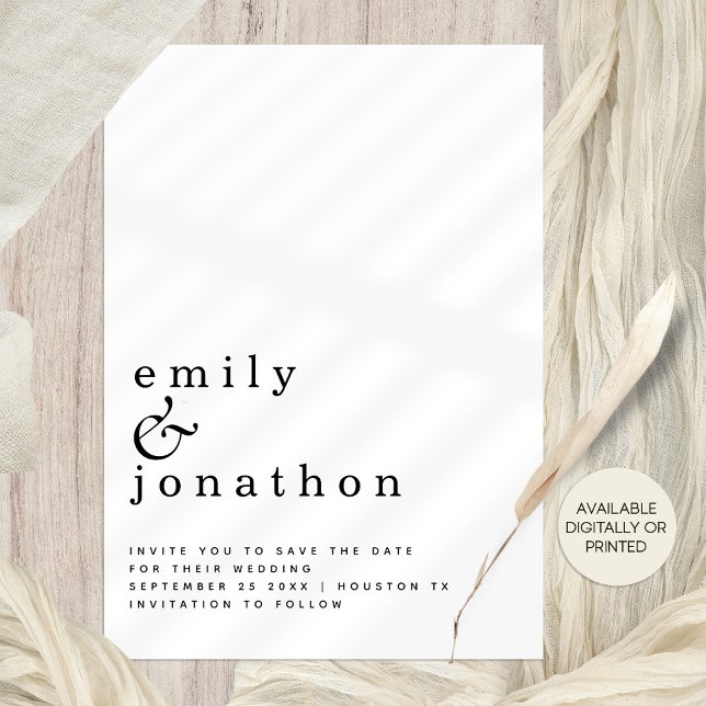 Minimalistische Typografie-Hochzeit Schwarz-weiß Save The Date (Fully customiseable invitation part of a wide ranging suite! Available digitally or printed.)