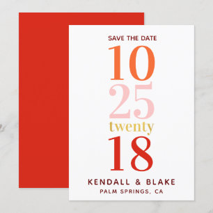 Minimalistische Typografie in Rot, Orange und Rosa Save The Date