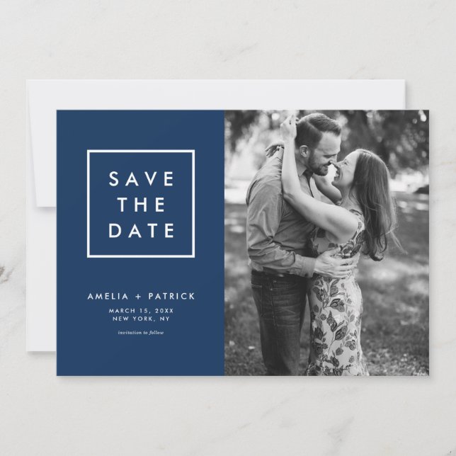 Minimalistische Typografie Navy Blue Foto Save The Date (Vorderseite)