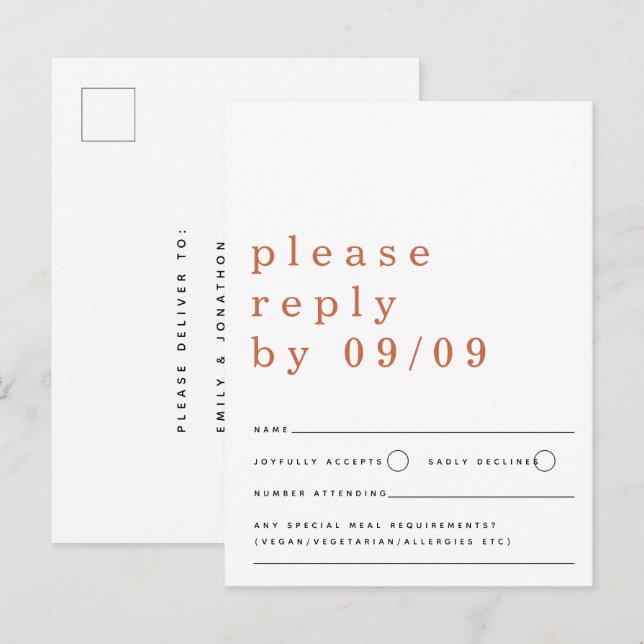 Minimalistische Typografie Terracotta Wedding RSVP Postkarte (Vorne/Hinten)