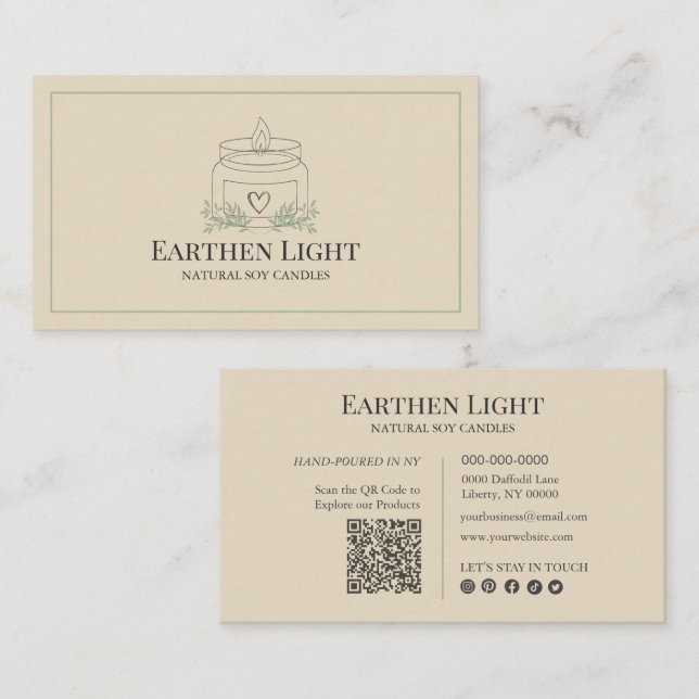 Minimalistische und moderne Kerzen-Botanik-QR-Code Visitenkarte (Vorne/Hinten)