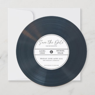 Minimalistische Vinyl-Aufnahme Save the Date mit F Einladung