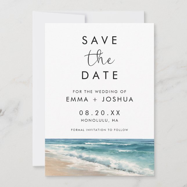 Minimalistische Wasserfarbe Strand Ziel Hochzeit Save The Date (Vorderseite)