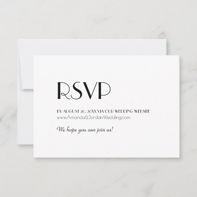 Minimalistische Website zur Hochzeit im Art Deco RSVP Karte (Vorderseite)