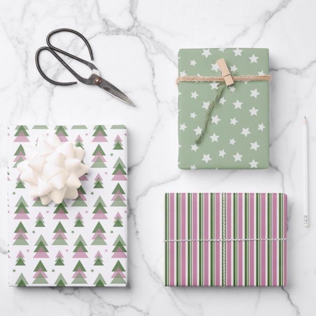 Minimalistische Weihnachten in Rosa und Grün Geschenkpapier Set (Vorderseite)