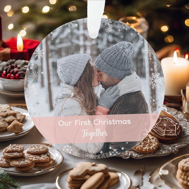 Minimalistische Weihnachten zusammen 2 Fotos Ornament (Our First Christmas Together as a Couple. Cute, Modern, Elegant Christmas Ornament. 2 Photos. Snow)