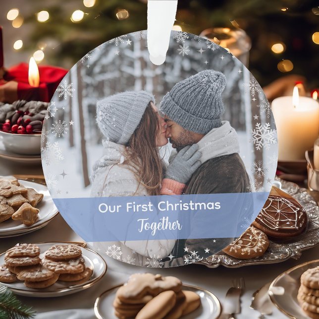 Minimalistische Weihnachten zusammen 2 Fotos Ornament (Our First Christmas Together as a Couple. Cute, Modern, Elegant Christmas Ornament. 2 Photos. Snow)