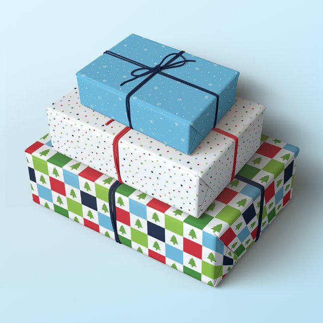 Minimalistische Weihnachtsmuster, rot, grün und bl Geschenkpapier Set (Set of 3 Minimalist Christmas with checkers, polka dots and snowflakes in red, green and blue)