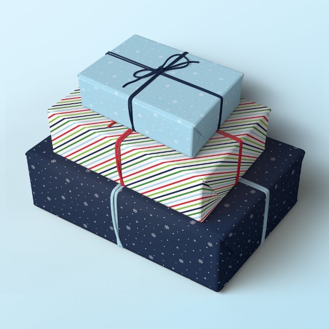 Minimalistische Weihnachtsmuster, rot, grün und bl Geschenkpapier Set (Set of 3 Minimalist Christmas with stripes and snowflakes in red, green and blue)