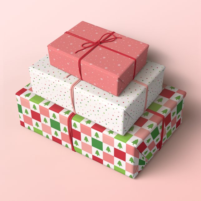 Minimalistische Weihnachtsmuster, Rot, Rosa und Gr Geschenkpapier Set (Set of 3 Minimalist Christmas with checkers, polka dots and snowflakes in red, green and pink)