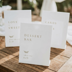 Minimalistische weiße Gold-Dessertbar-Hochzeitstaf Sockelschild