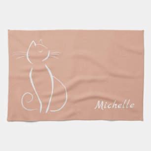 Minimalistische weiße Katze auf rosa Name hinzufüg Geschirrtuch