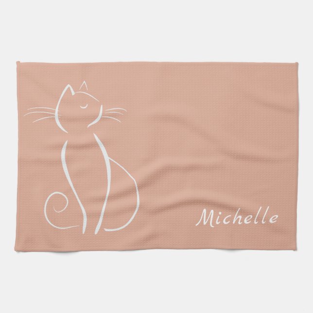 Minimalistische weiße Katze auf rosa Name hinzufüg Geschirrtuch (Horizontal)